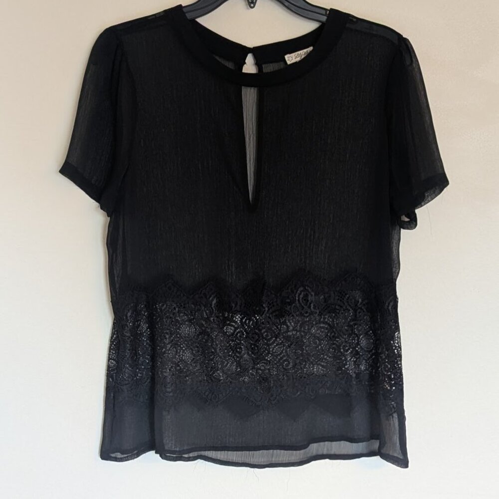 Lily White Sheer Black Crepe & Lace Short Sleeve Top - Made in USA | Size Medium